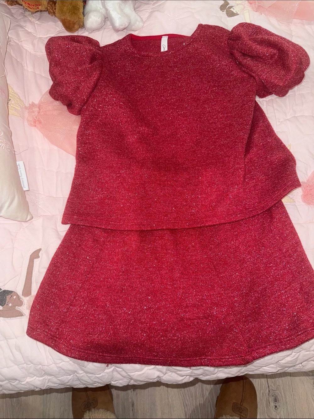 Girls' Sparkle Puff-Sleeve Top and Skirt Matching Set - Red